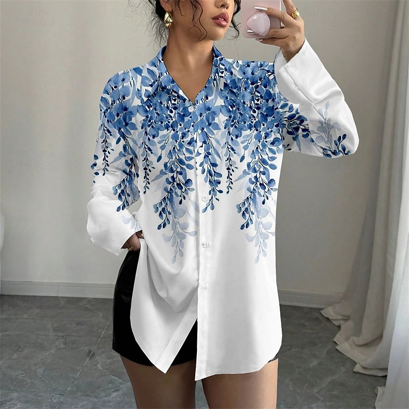 Women's Shirt Flower Daily Stylish Casual Long Sleeve Shirt Collar Regular Tops Work Daily Holiday Buttons Blue Spring Fall