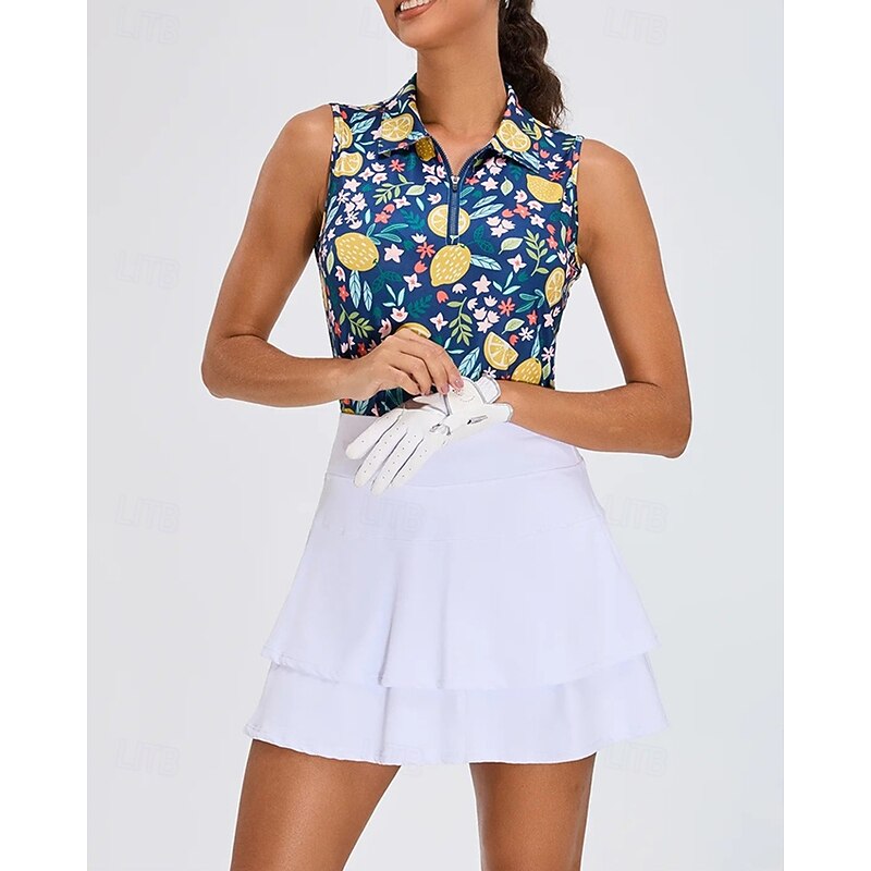 Women's Fruit Tennis Shirt Sleeveless Print UPF50+ Quick Dry Tennis Golf Badminton Zip Collar Tee Tshirt Top Blue Tennis Clothing