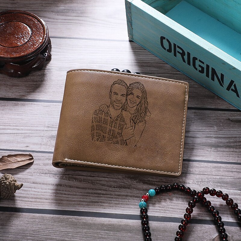 Personalized Photo Engraved Leather Wallet Custom Best Gift for Dad, Custom Text, Father's Day, Birthday, Anniversary, Christmas Gift for Him, Personalized Leather Wallet for Men