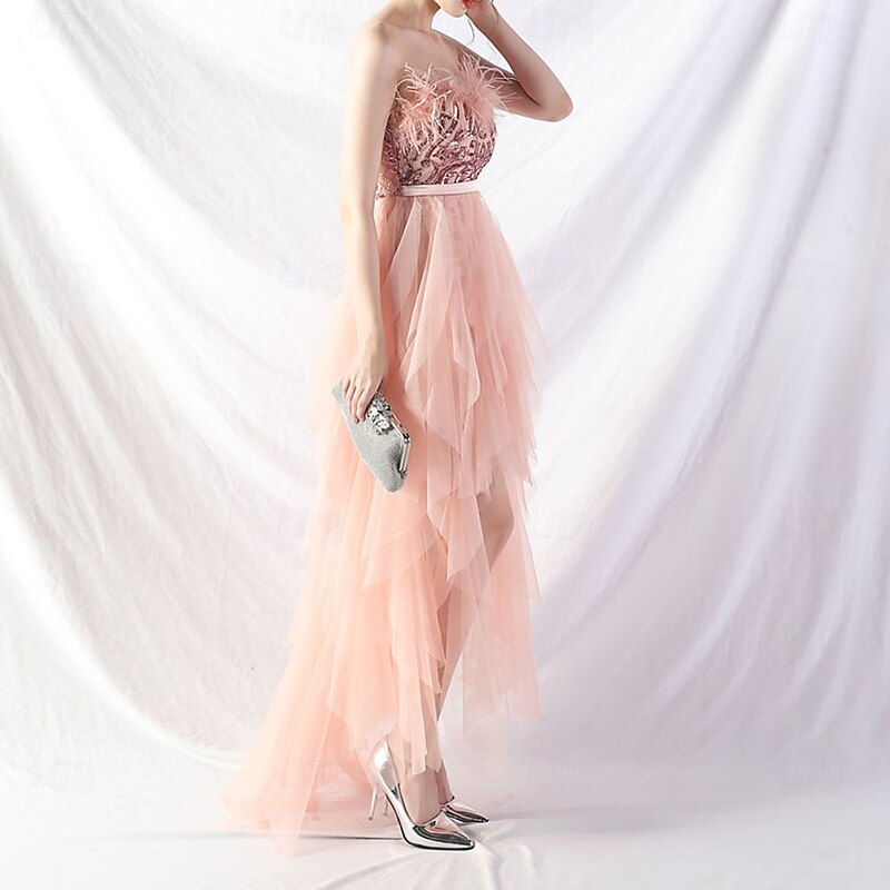 A-Line Quinceanera Dresses Elegant Dress Formal Wedding Asymmetrical Sleeveless Strapless Tulle Backless with Feather Embroidery4