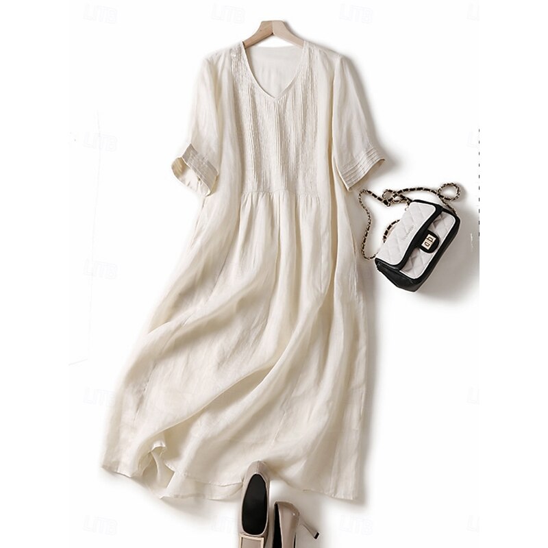 Women's Cotton Linen Midi Dress A Line Dress Summer Dress Casual Daily Regular Fit Plain Half Sleeve Crew Neck White Blue Purple Green Summer