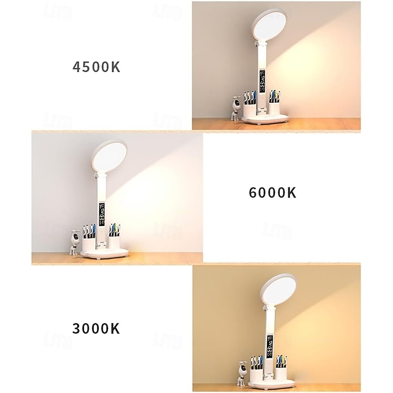 LED Desk Lamp with Fan Desk Lamp for College Dorm Room 3 Color Temperature USB Charging Port Adjustable Foldable Desk Light with Clock Date Pen case Temperature Lamp for Home Office3