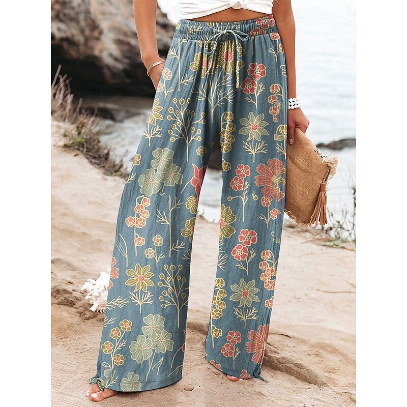 Women's Culottes Wide Leg Wide Leg Chinos Vacation Vintage Fashion Full Length High Waist Floral Graphic Leaf Elastic Waistband Printing Soft Breathable Micro-elastic Vacation Street Causal Maroon3