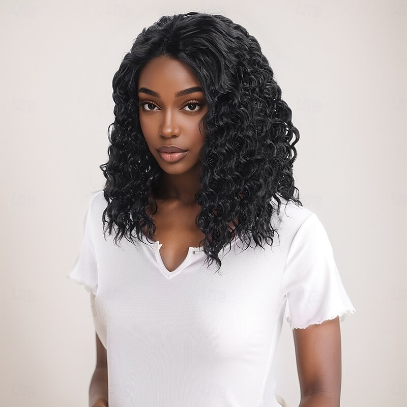 Synthetic Wig Wavy Afro Curly Asymmetrical With Bangs Machine Made Wig 14 inch A1 Synthetic Hair Women's Classic Comfortable Color Gradient Black4