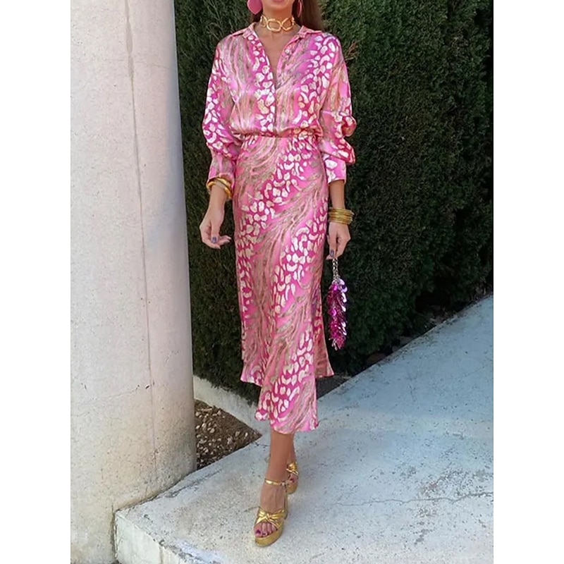 Women's Dress Set Sheath Dress Summer Dress Casual Leopard Print Maxi Dress Long Sleeve Shirt Collar Outdoor Party Pink Green Summer Spring Regular Fit