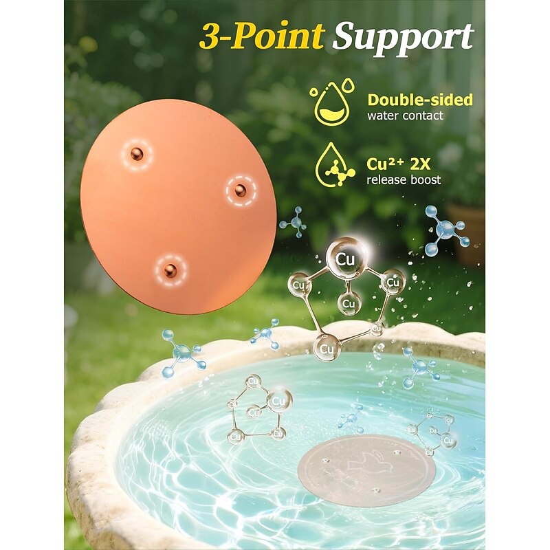Bird Bath Copper Disk, 0.6mm Reinforced 99.99% Pure Copper Cleaning Disk with Triple-Point Support for Physical Safe Clean Water All-Season, Universal Fit for Outdoor Birdbaths, Bowl4