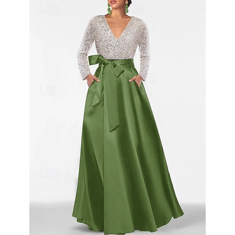 A-Line Mother of the Bride Sequined Evening Gown Elegant Formal Wedding Guest Dress Floor Length Long Sleeve V Neck Pocket Satin with Glitter Slit2
