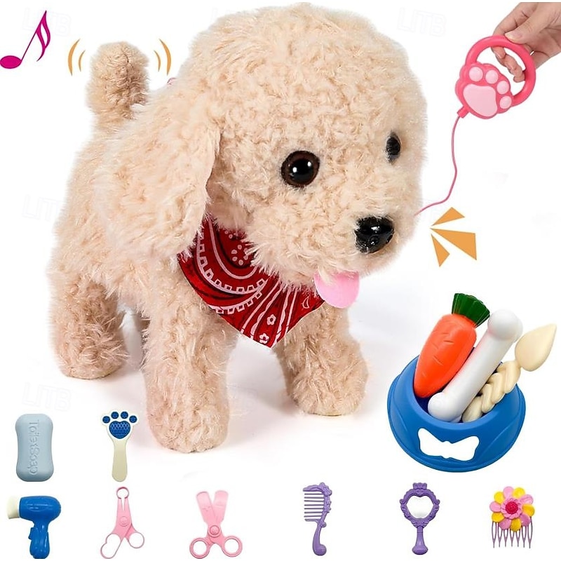 Interactive Walking Plush Puppy Toy Dog Realistic Wagging Tail Robot Dog with Grooming Set Perfect Christmas Birthday Gift Toys for Girls and Boys Kids Age 3 4 5 6