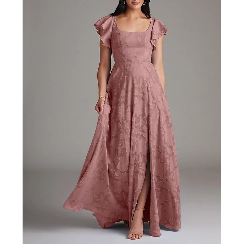 A-Line Bridesmaid Dress Scoop Neck Sleeveless Elegant Floor Length Chiffon with Ruffles / Split Front 20224