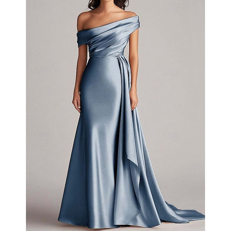 A-line Evening Gown Stretch Satin Elegant Dress Semi Formal Wedding Sweep / Brush Train Sleeveless Off Shoulder Satin with Pleats