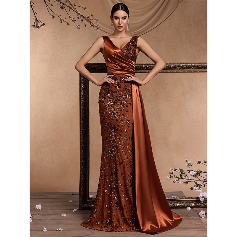 Mermaid / Trumpet Quinceanera Dresses Elegant Dress Formal Wedding Floor Length Sleeveless V Neck Satin with Slit