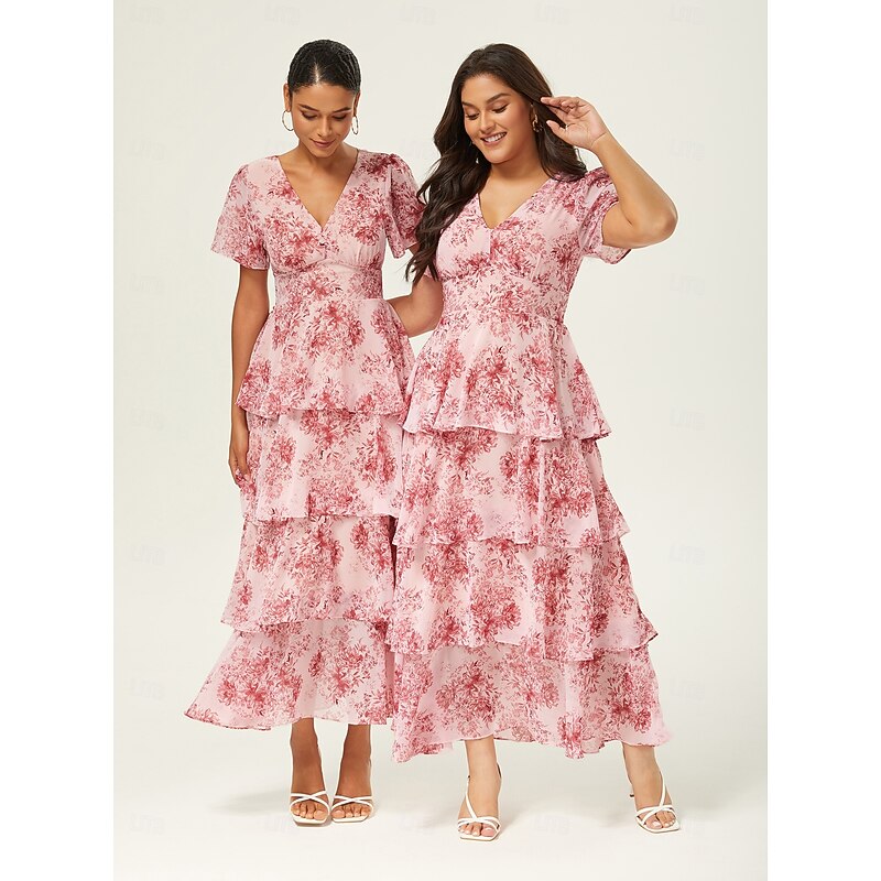 Women's Wedding Guest Party Maxi Dress Casual V Neck Short Sleeve A Line Dress Floral Print Layered Ruffle Tiered Elegant Daily Wear Cake Skirt Waist Slim Fit Long Dress4