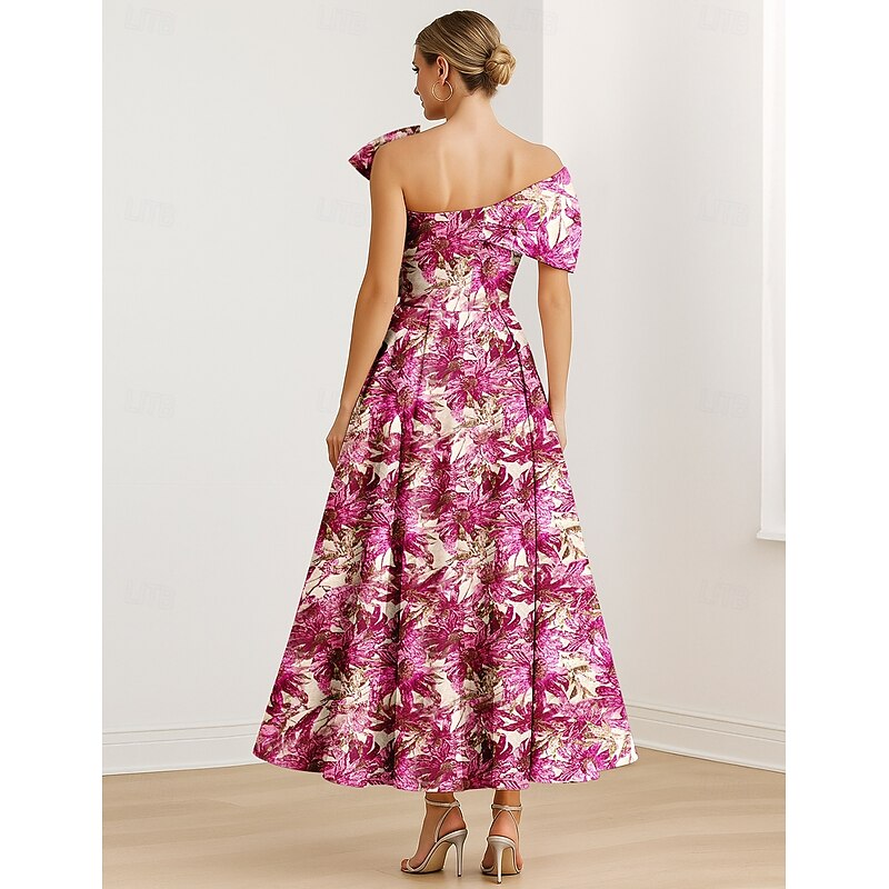 Jacquard Brocade Floral  A-Line Cocktail Dresses Elegant Dress Formal Wedding Guest Ankle Length Short Sleeve One Shoulder Pocket Nylon with Bow(s) Pocket3