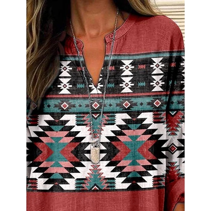 Women's Shirt Geometric Retro Vintage Ethnic Long Sleeve V Neck Regular Tops Daily Holiday Buttons Print Wine Red Summer2