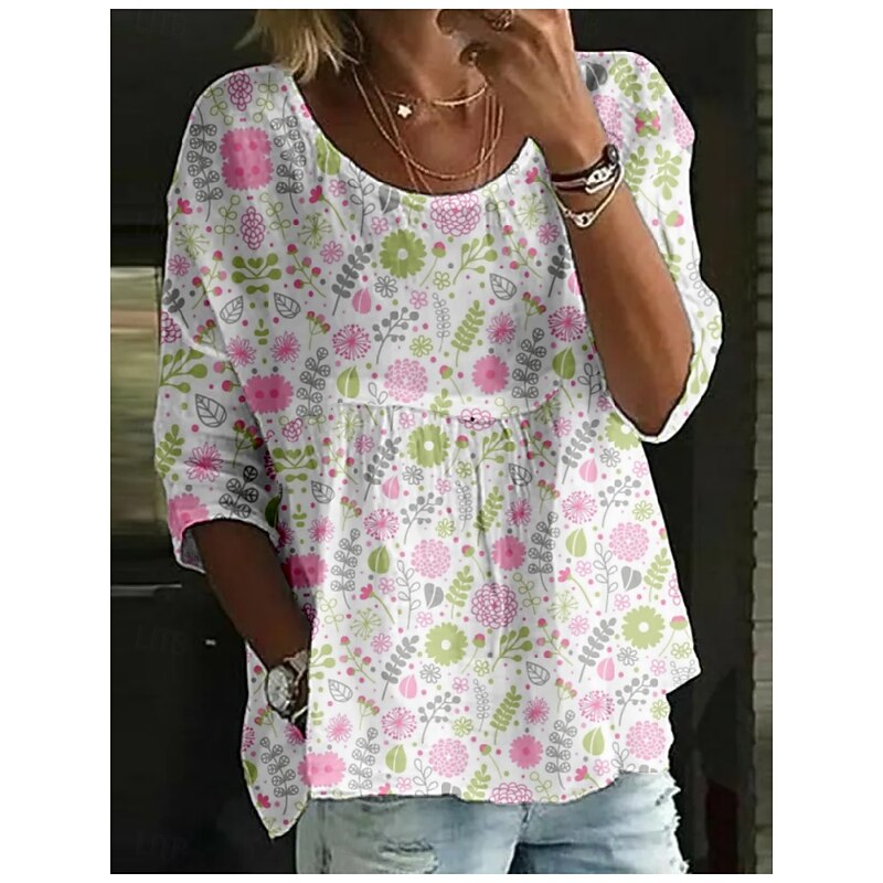 Women's Blouse Floral Stylish 3/4 Length Sleeve Crew Neck Regular Tops Daily Holiday Print White Light Green Pink Red Green Summer4
