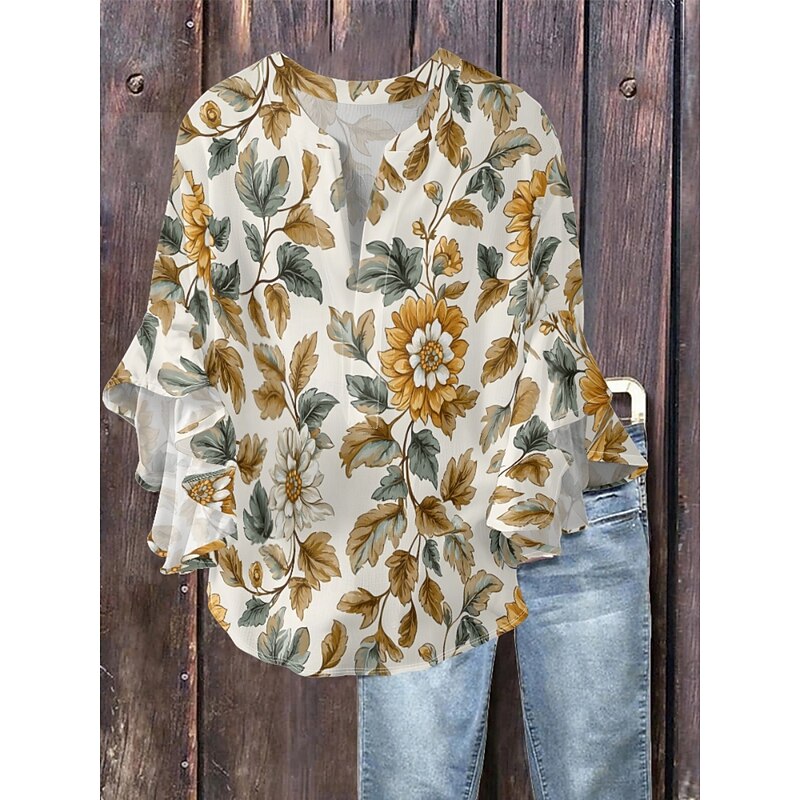 Women's Blouse Floral Stylish Modern 3/4 Length Sleeve V Neck Regular Tops Daily Holiday Ruffle Print Orange Khaki Apricot Summer3