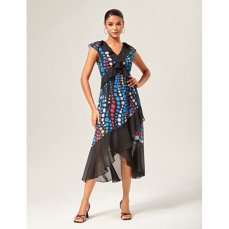 Colorblock Polka Dot Chiffon Ruffle Maxi Dress