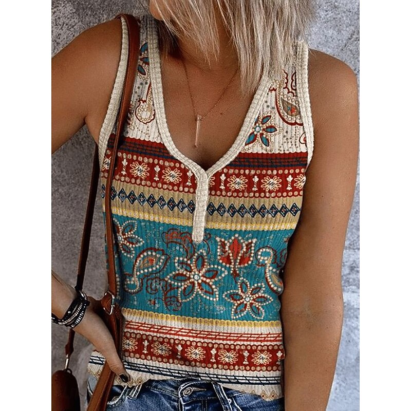 Women's Camisole Tank Top Graphic Geometric Bohemia Vintage Stylish Sleeveless Sleeveless V Neck Crop Tops Daily Print Blue Brown Khaki Summer Spring