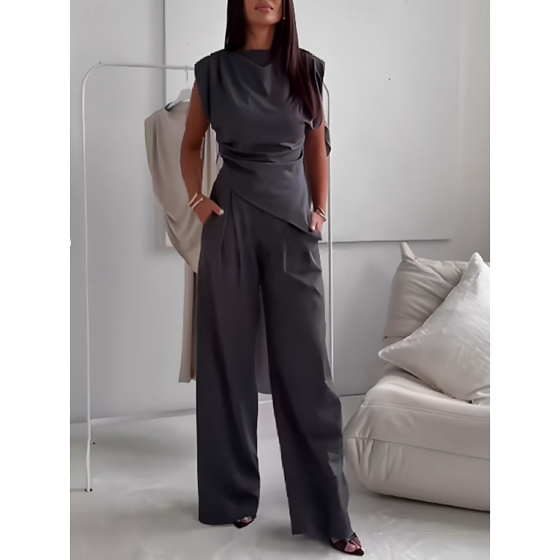 Women's Fashion Streetwear Daily Pants Sets Sleeveless Round Neck Solid Color Ruched Casual Daily Dark Grey Black White Spring Loose Fit4