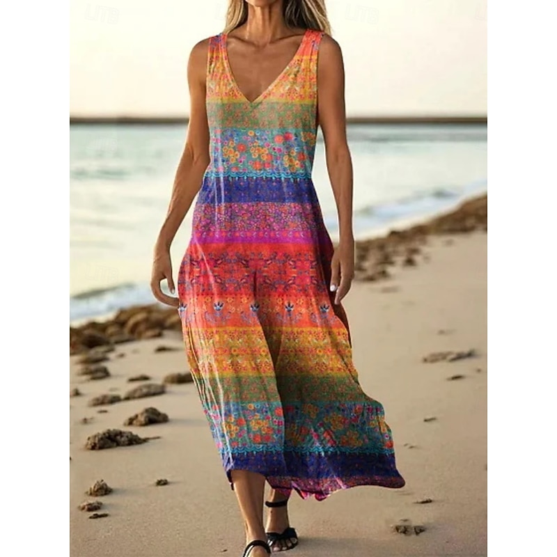 Women's Long Dress Maxi Dress Casual Dress Tank Dress Summer Dress Fashion Daily Holiday Beach Regular Fit Floral Sleeveless V Neck Light Green Pink Red Blue Summer