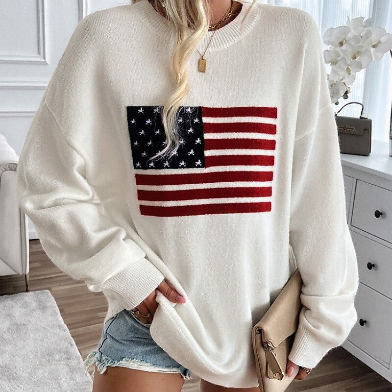 Women's Sweater Streetwear Striped Ribbed Crew Neck Knitted Long Sleeve Regular Tops Knit Outdoor Daily Holiday Navy Blue Khaki Fall4