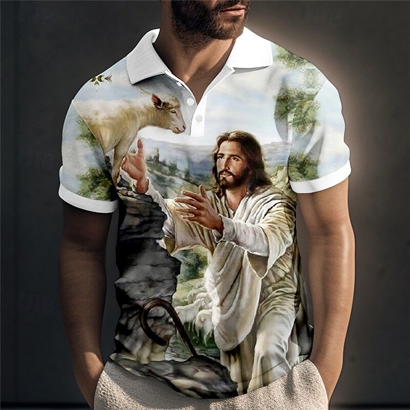 Men's Jesus Christian Polo Shirts Golf Shirt Short Sleeve Polo Shirts Collared Shirts Vintage Casual Vacation Wear Festival Wear Party Outfits Buttons 3D Print Yellow Blue Green