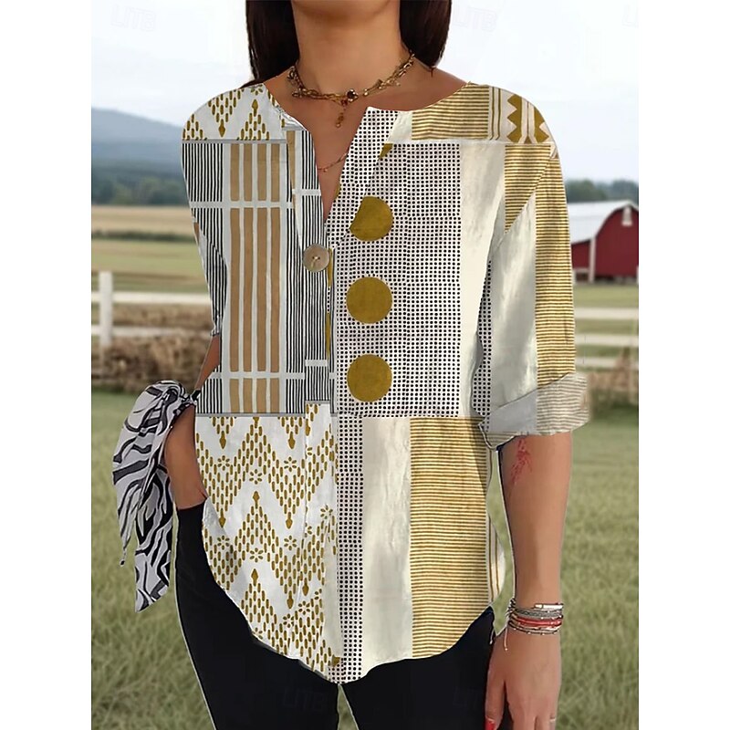 Women's Shirt Long Sleeve  V Neck Floral Graphic Geometric Vintage Tropical Hawaiian 3/4 Length Sleeve Crew Neck Regular Tops Daily Holiday Beach Wear Print Pink Orange Khaki Summer Spring3