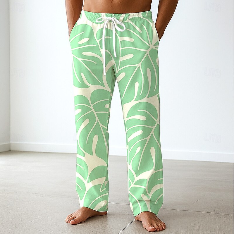 Men's Palm Leaf Tropical Plants Trousers Baggy Pants Casual Pants Mid Waist Hawaiian Vacation Holiday Beach Wear Drawstring Elastic Waist Wide Leg Summer Spring 3D Print Blue Green Gray3
