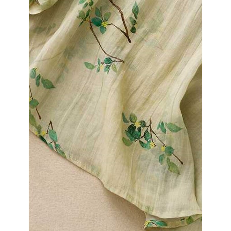 Women's Cotton Linen Shirts Floral Casual 3/4 Length Sleeve Crew Neck Regular Tops Daily Buttons Print Yellow Pink Green Summer4