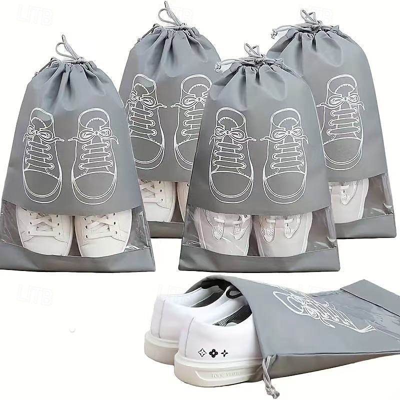 10-Pack Travel Shoe Storage Bags, Non-Woven Dustproof Shoe Organizers with Drawstring Closure, Transparent Window and White Shoe Print Design