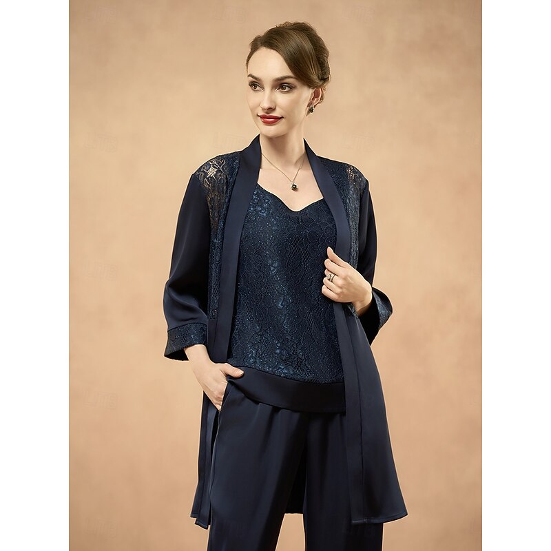 Women's Coverup Jacket Lace Elegant Fashion Formal Formal Wedding Party Party / Evening Open Front Long Collarless Loose Fit 3/4 Length Sleeve Outerwear Navy Blue Summer Spring