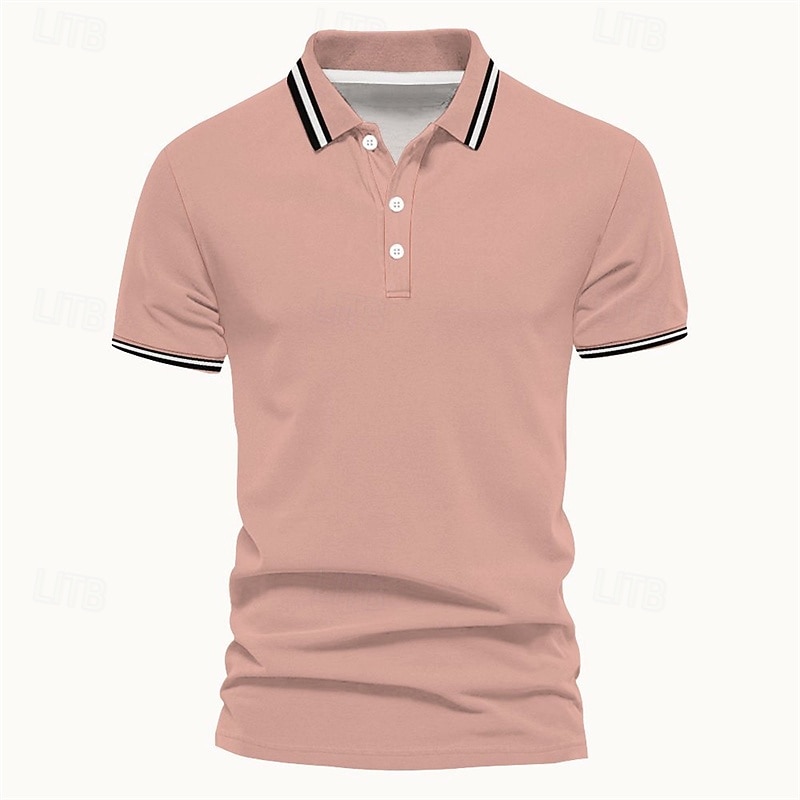 Men's Polo Button Up Polos Casual Sports Lapel Short Sleeve Fashion Basic Stripes Patchwork Buttons Summer Spring Black Pink Wine Brown Polo2