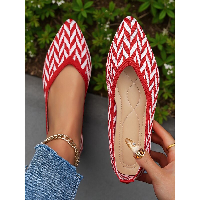 Women's Red Flyknit Ballet Flats – Chevron Pattern Soft Pointed Toe Flats for Casual Dates, Picnics and Daytime Events