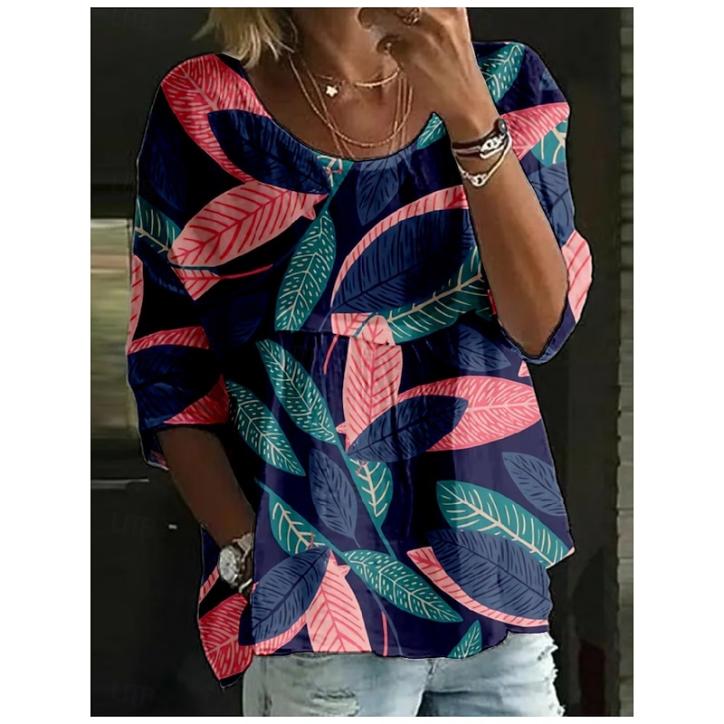 Women's Blouse Floral Stylish 3/4 Length Sleeve Crew Neck Regular Tops Daily Holiday Print Pink Navy Blue Royal Blue Blue Dusty Blue Summer4