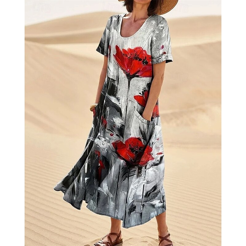 Women's Long Dress Maxi Dress Casual Dress Swing Dress Summer Dress Elegant Fashion Romantic Outdoor Party Holiday Regular Fit Flower Short Sleeve Crew Neck Blue Rainbow Gray Summer3
