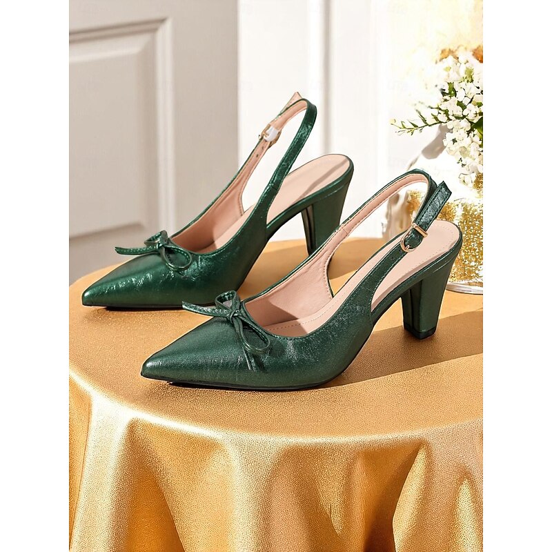 Women's 1950s Vintage Green Slingback Heels with Bow Detail – Pointed Toe Mid Heel Pumps for Office, Weddings, and Elegant Parties3