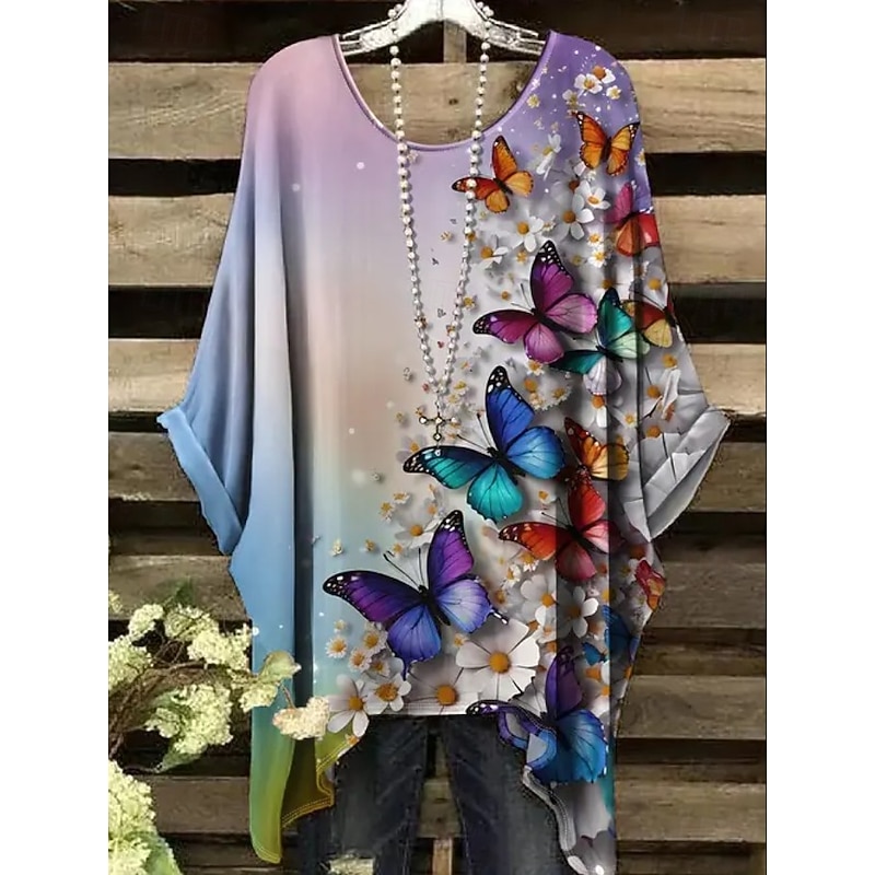 Women's Boho Shirt Graphic Abstract Elegant Bohemia Active Short Sleeve Batwing Sleeve Crew Neck Regular Tops Daily Holiday Beach Wear Light Brown Blue Purple Green Red / Blue Summer Spring4