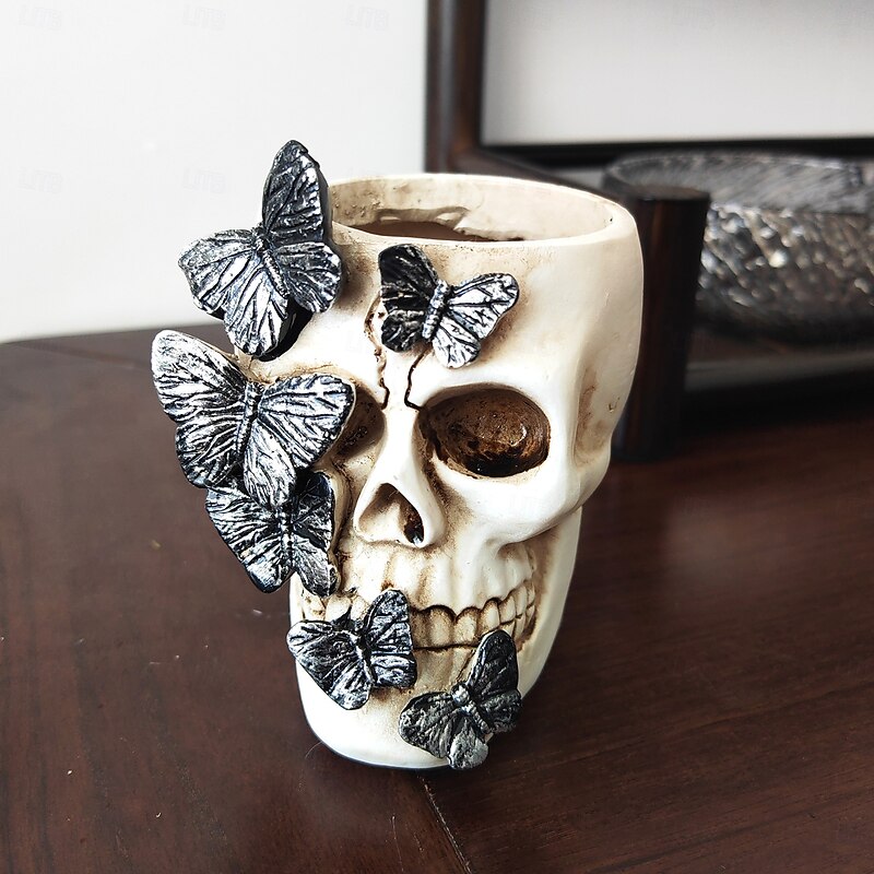 Halloween Skull Head Decoration with Butterfly, Resin Skull Pen Holder for Horror Party, Gothic Desk Ornament, Spooky Decor for Home or Office