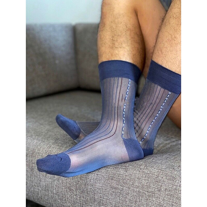 Men's transparent business dress socks, Retro vertical stripes, Breathable thin nylon mid-calf socks, Suitable for office professionals and formal occasions3