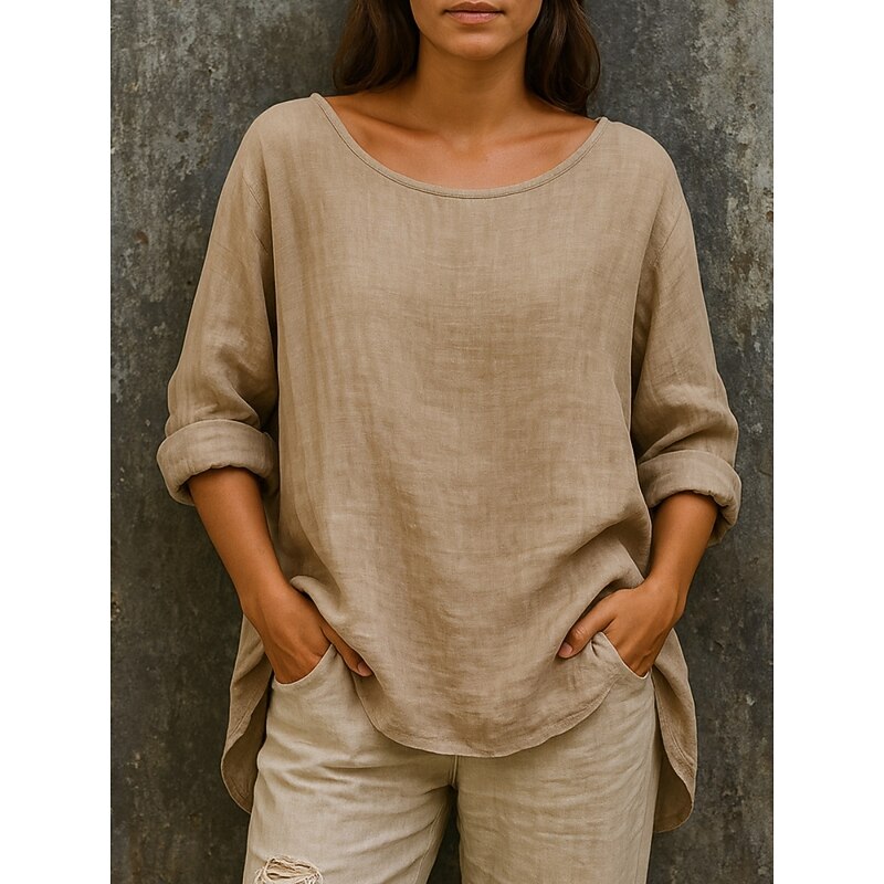 Women's Cotton Linen Shirts Solid Color Basic Casual Long Sleeve Crew Neck Regular Tops Daily Ruched Pink Sky Blue Green Khaki Fall2