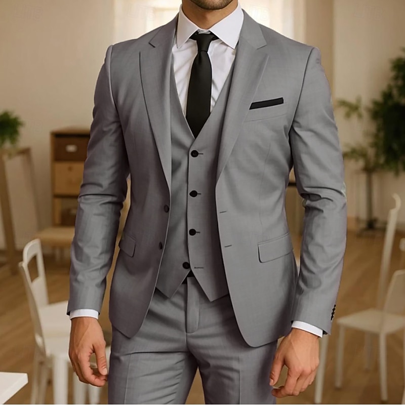 Men's Wedding Business Suits Light Grey Fashion Formal Solid Colored Slim Fit 3 Piece Single Breasted Two-buttons
