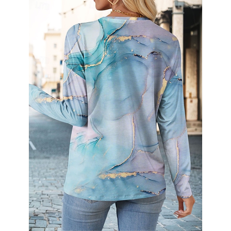 Women's T shirt Crew Neck Long Sleeve Tunic Graphic Marble Vintage Stylish Classic  Regular Tops Daily Weekend Print Blue Summer2