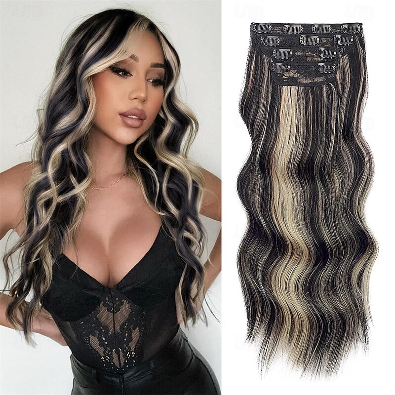 Clip in Hair Extensions 20 Inch Black Mix Blonde Long Hair Extensions Clip Ins 4PCS Soft Synthetic Hairpieces for Women