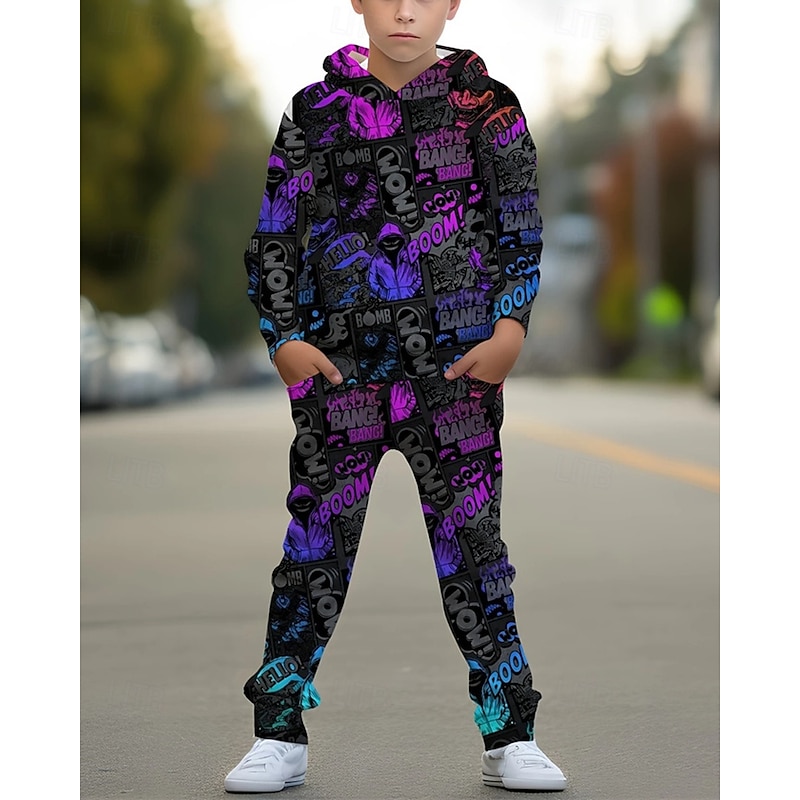 Boys' 3D Graphic Ghost Letter Hoodie & Sweatpants Set Sports Suit Tracksuits Long Sleeve Spring Fall Daily Basic Casual Kids 4-12 Years Hooded Outdoor Vacation Sports Tailored Fit