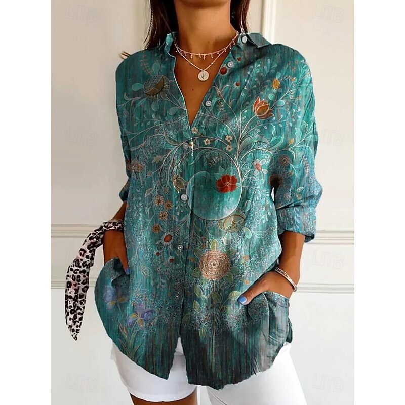 Women's Shirt Button Down Tunic Shirt Collar Long Sleeve Floral Graphic Vintage Tropical Daily Regular Tops Work Daily Holiday s Print Blue Orange Green Spring