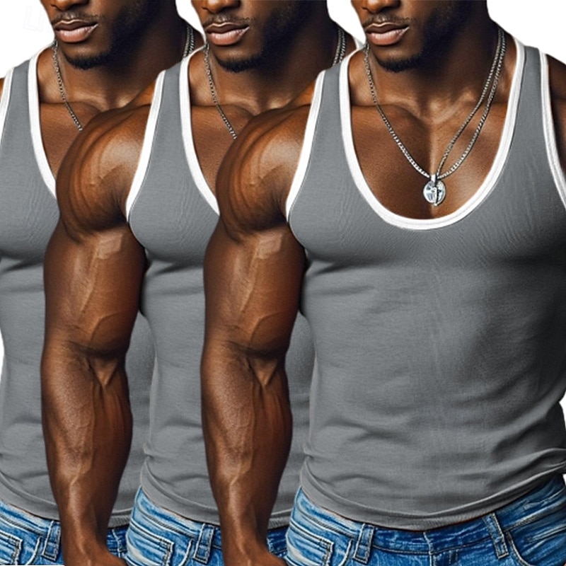 3-Piece  Men's Tank Top  Wife beater Shirt Undershirt Sleeveless Shirt Sleeveless U Neck Deep U Scoop Neck Summer Color Block Pit Strip Fashion Designer Sporty  Color Block Outdoor  Tank Top3