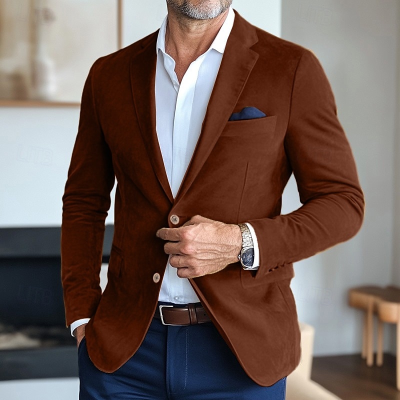 Men's Faux Suede Jacket Faux Suede Blazer Business Attire Company Party Fashion Casual Fall / Winter Faux Suede Plain Pocket Buttons Comfortable Single Breasted Blazer Brown khaki2