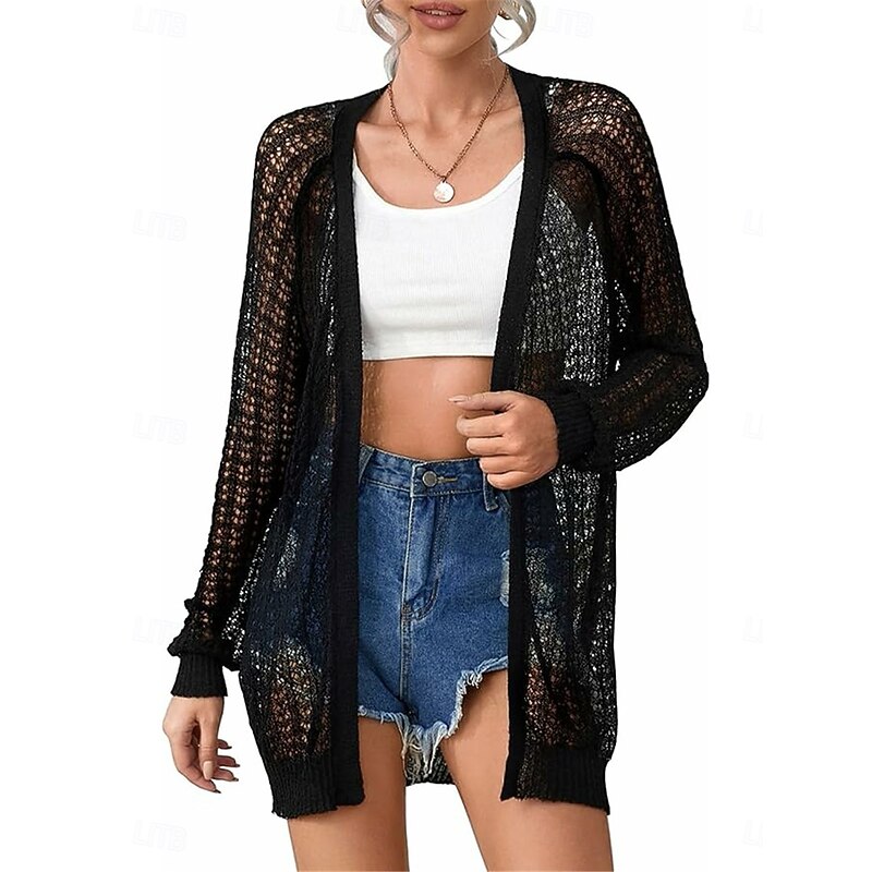 Women's Casual Jacket Breathable Comfortable Cut Out Casual Plain Vacation Street Casual Daily Wear Open Front Regular Collarless Regular Fit Long Sleeve Outerwear Black White Khaki Summer Spring2