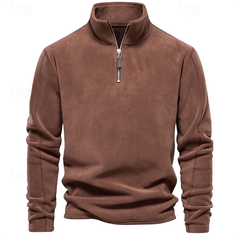 Men's Zip Sweatshirt Fleece Hoodie Light Khaki. Black White Navy Blue Brown Standing Collar Plain Zip Up Quarter Zip Sports & Outdoor Casual Daily Streetwear Cool Sportswear Fall Fall & Winter2