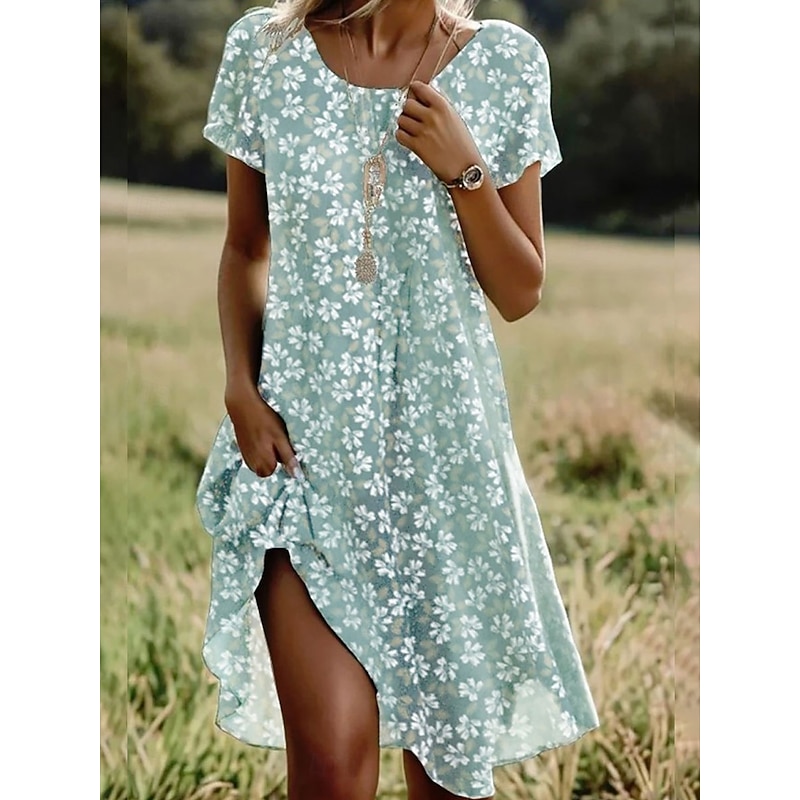 Women's Mini Dress T Shirt Dress Tee Dress Sundress Vacation Casual Going out Regular Fit Floral Graphic Short Sleeve V Neck Blue Purple Green Summer2